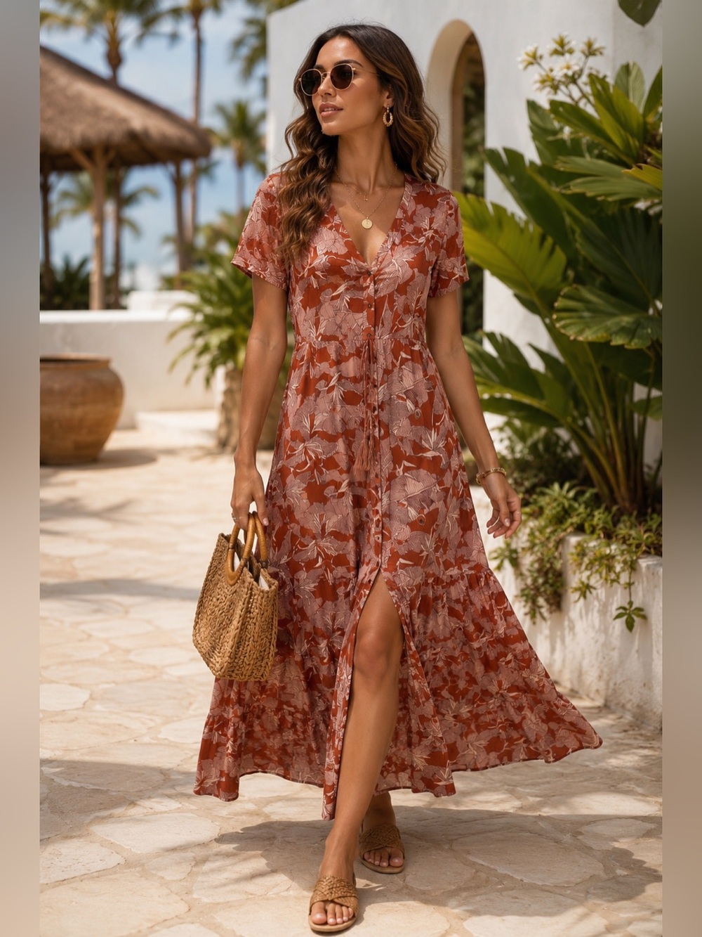 Knox Rose Boho Maxi Dress Medium Tropical Leaf Print Button Front Tassel Pockets